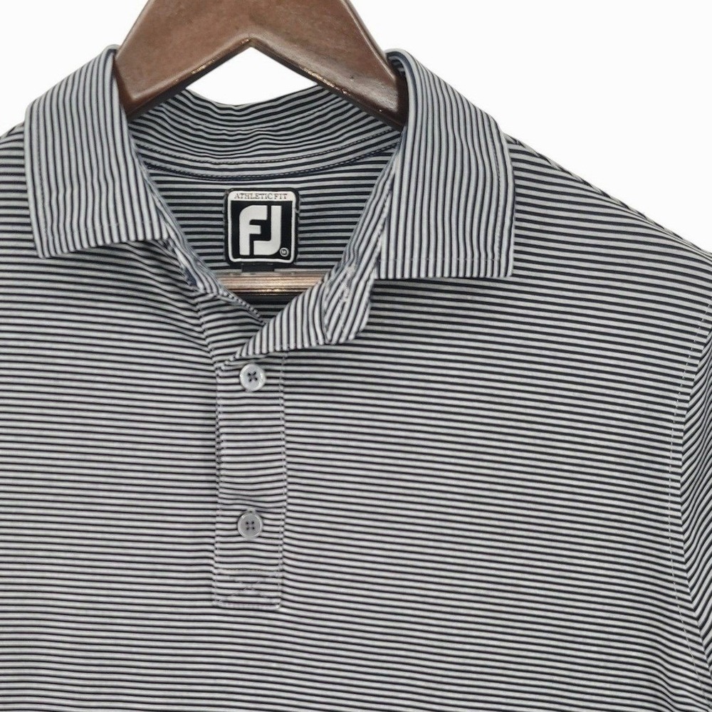 FootJoy Polo Shirt Men Medium Athletic Fit Navy White Striped Golf Performance